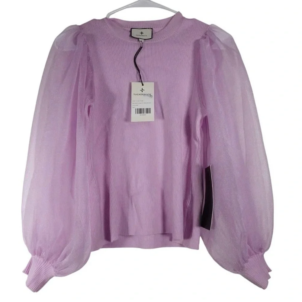 Tuckernuck Betsy Lilac Puff Sleeve Knit Blouse Sheer Sleeve Size S NWT